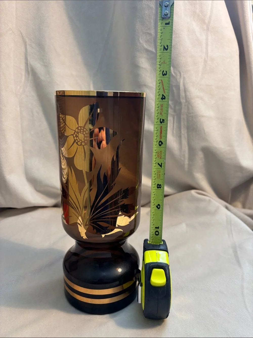 MCM Vase with Gold Floral Detail likely Czech Beautiful Smoky Glass Unique Shape